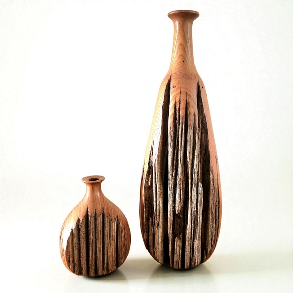 Turned Wood Live Edge Dry Vase Set Of Two Primitive 16.5 Inch 6.5 Inch USA - Picture 8 of 14